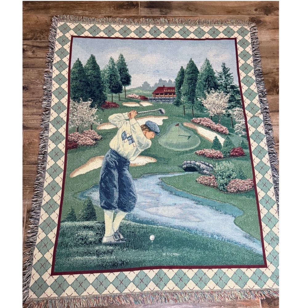 Vintage Golf Argyle Border Woven Tapestry Throw Blanket  Fringed,Multi,49"x64"